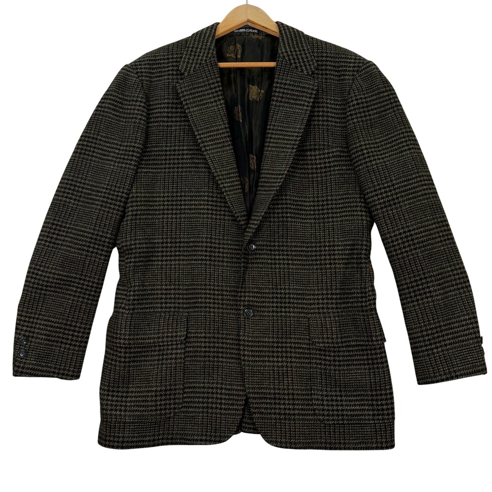 Vintage 1970 James S. Lee Mens 40R HARRIS TWEED Blazer Green Plaid Bespoke EUC